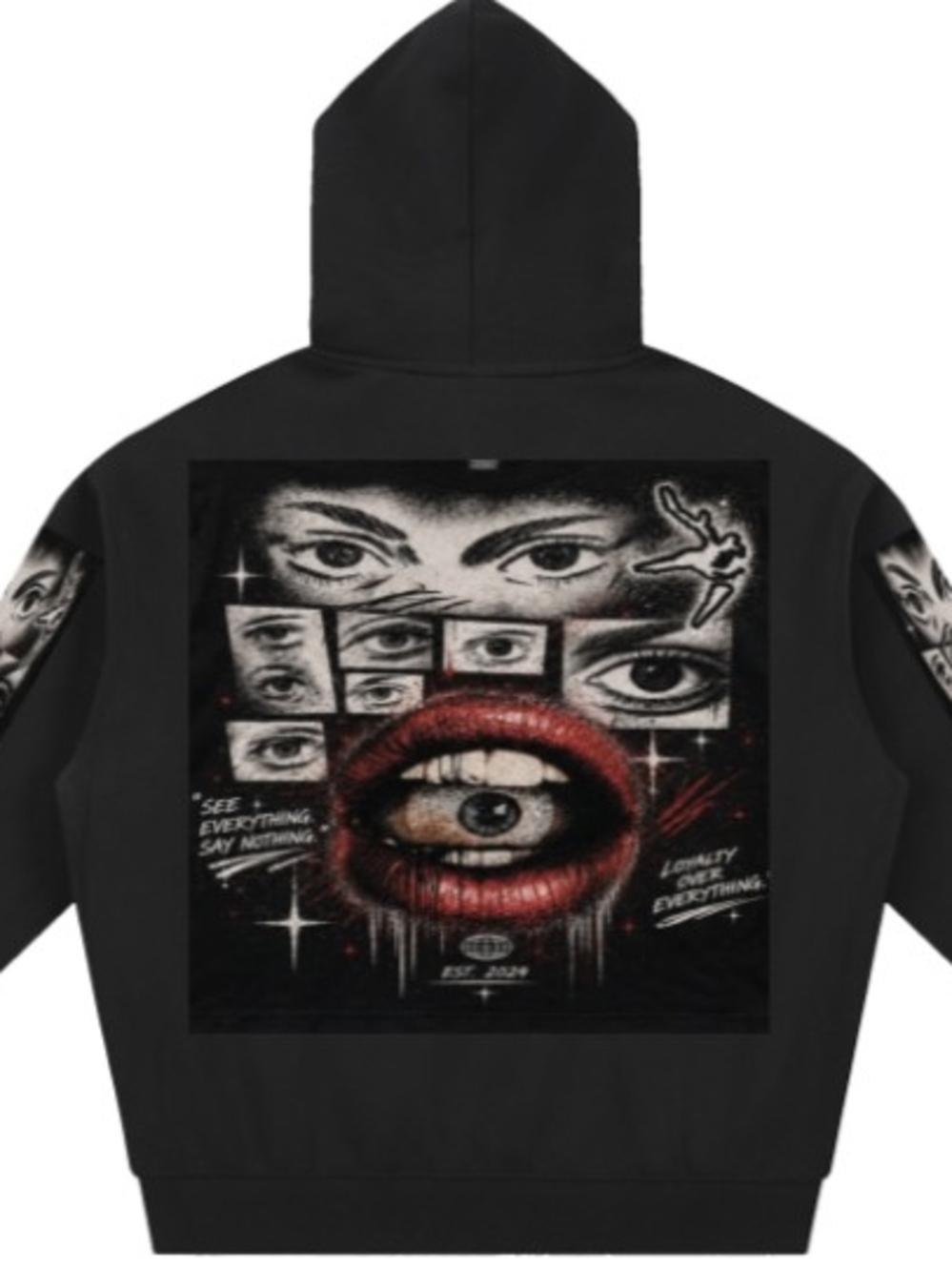 Black Art Print Hoodie with Red Lips and Eye Motif by